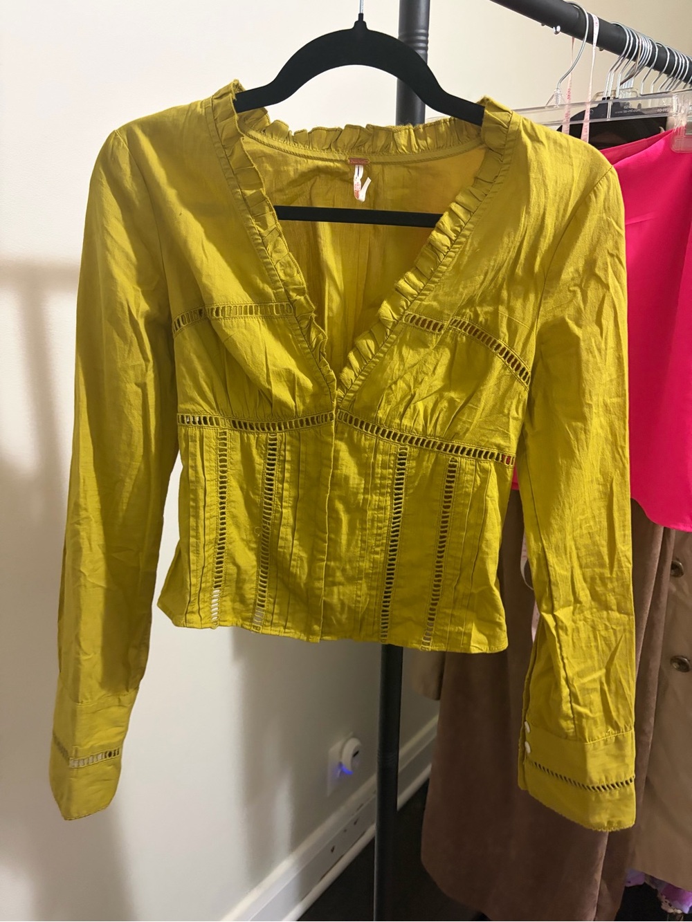 Free People Mustard Yellow V-Neck Eyelet Blouse
